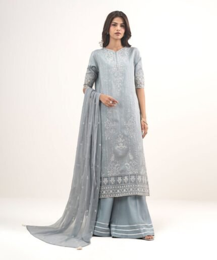 Raw Silk Embroidered Grey 3 Piece Suit