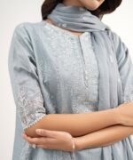 Raw Silk Embroidered Grey  3 Piece Suit - Image 4