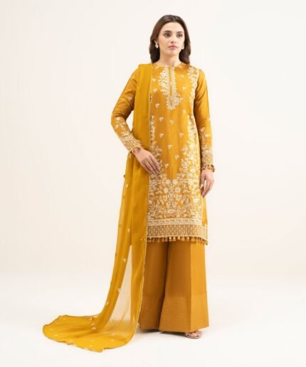 Raw Silk Embroidered Orange 3 Piece Suit