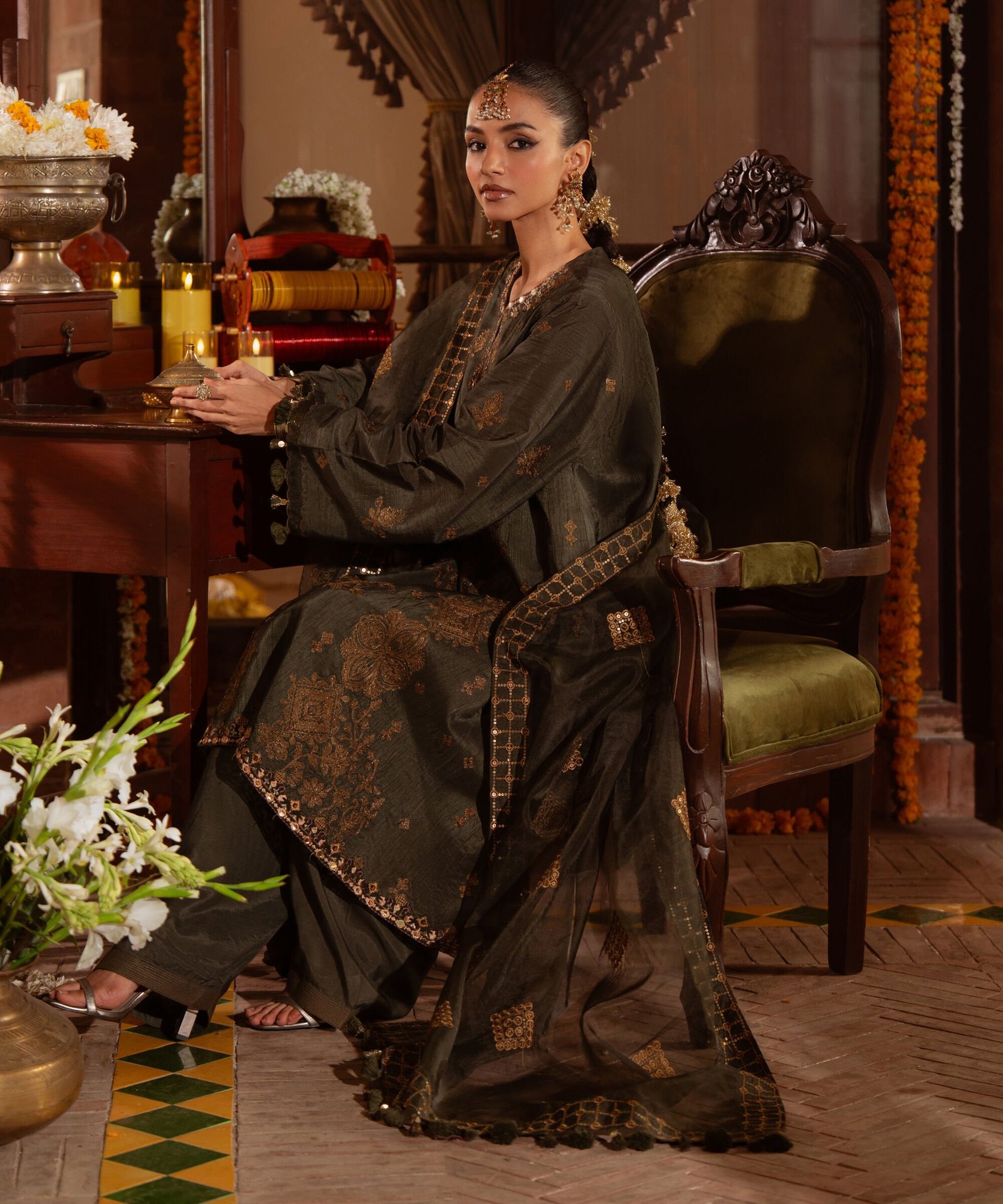 0FELX25V933B_1 Raw Silk Embroidered Green 3 Piece Suit - Image 1