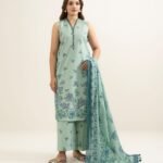 Zari Lawn Printed Green 3 Piece Suit