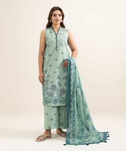 Zari Lawn Printed Green 3 Piece Suit