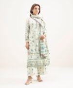 Zari Lawn Printed Off White 3 Piece Suit