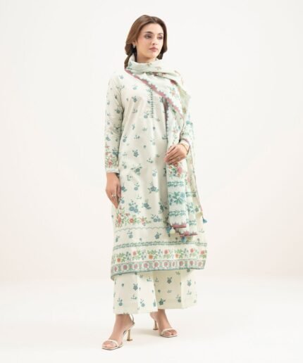 Zari Lawn Printed Off White 3 Piece Suit