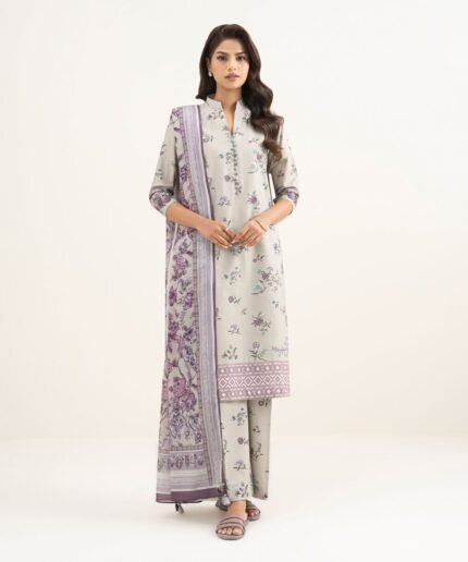 Zari Lawn Printed Purple 3 Piece Suit
