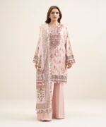 Textured Cotton Viscose Embroidered Pink 3 Piece Suit