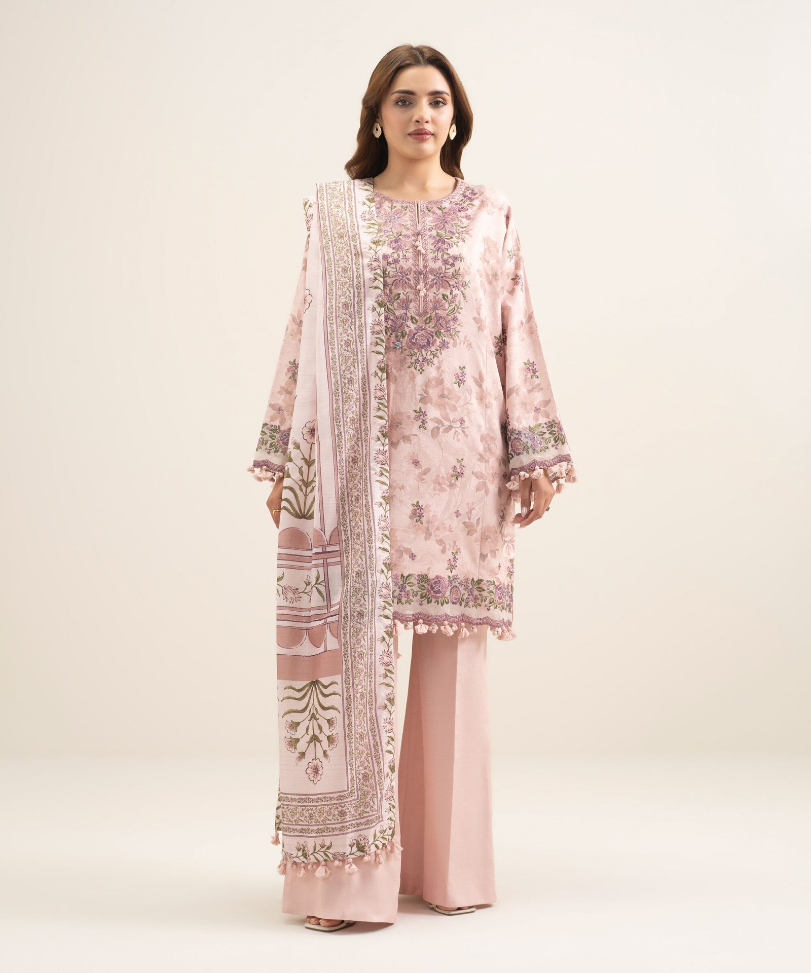 3FELXS26V111_1 Cotton Viscose Embroidered Pink 3 Piece Suit - Image 1