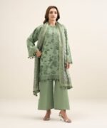 Textured Cotton Viscose Green Embroidered 3 Piece Suit
