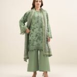 Textured Cotton Viscose Green Embroidered 3 Piece Suit
