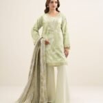 Textured Cotton Viscose Embroidered Light Mint 3 Piece Suit
