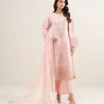 Cotton Net Embroidered Pink 3 Piece Suit