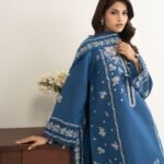 Cotton Net Embroidered Blue 3 Piece Suit