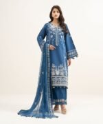 Cotton Net Embroidered Blue 3 Piece Suit - Image 2