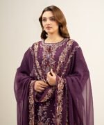 Cotton Net Embroidered Purple 3 Piece Suit