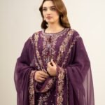 Cotton Net Embroidered Purple 3 Piece Suit