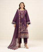 Cotton Net Embroidered Purple 3 Piece Suit - Image 2