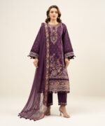 Cotton Net Embroidered Purple 3 Piece Suit - Image 2