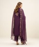 Cotton Net Embroidered Purple 3 Piece Suit - Image 4