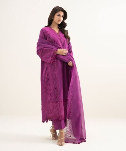 Textured Lawn Embroidered Purple 3 Piece Suit