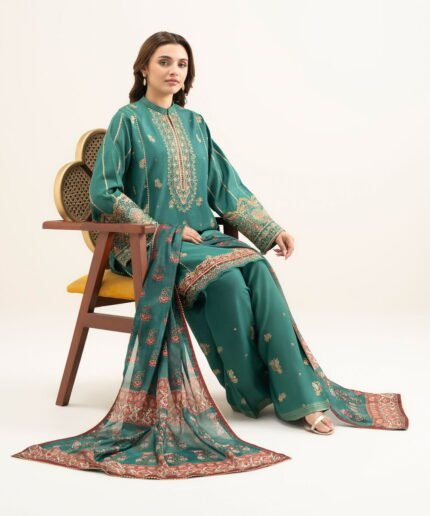 Blended Raw Silk Embroidered Green 3 Piece Suit