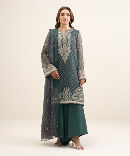 Blended Chiffon Embroidered Green 3 Piece Suit