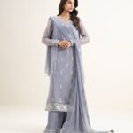 Blended Chiffon Embroidered Purple 3 Piece Suit