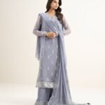 Blended Chiffon Embroidered Purple 3 Piece Suit