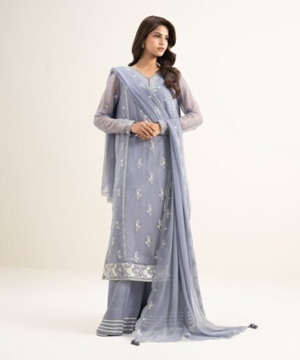Blended Chiffon Embroidered Purple 3 Piece Suit