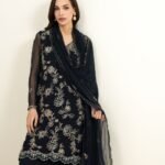 Blended Chiffon Embroidered Black  3 Piece Suit