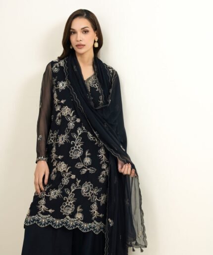 Blended Chiffon Embroidered Black 3 Piece Suit