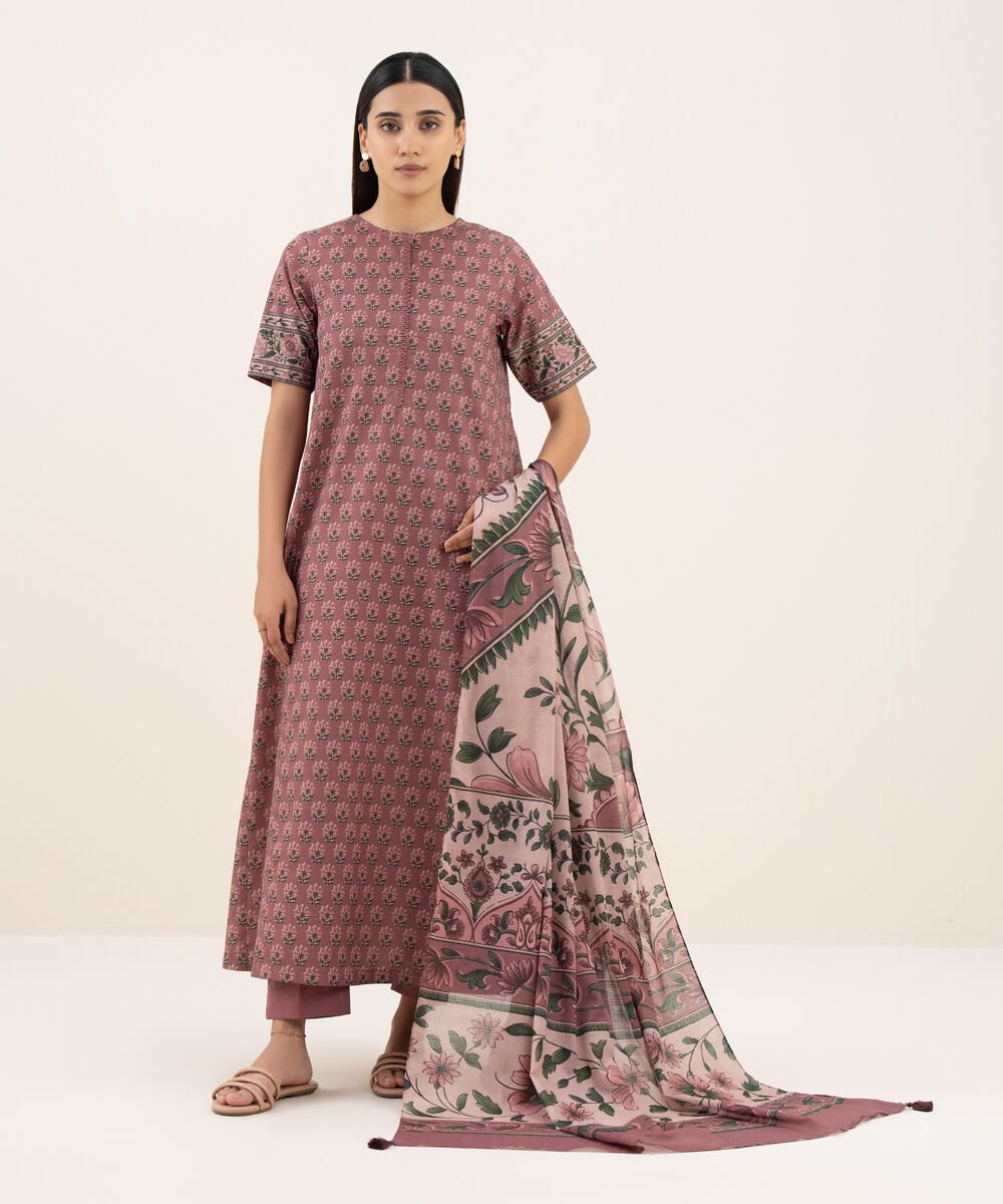 3PDYS26V0107_2-2.jpg Lawn Printed Pink 3 Piece Suit - Image 1