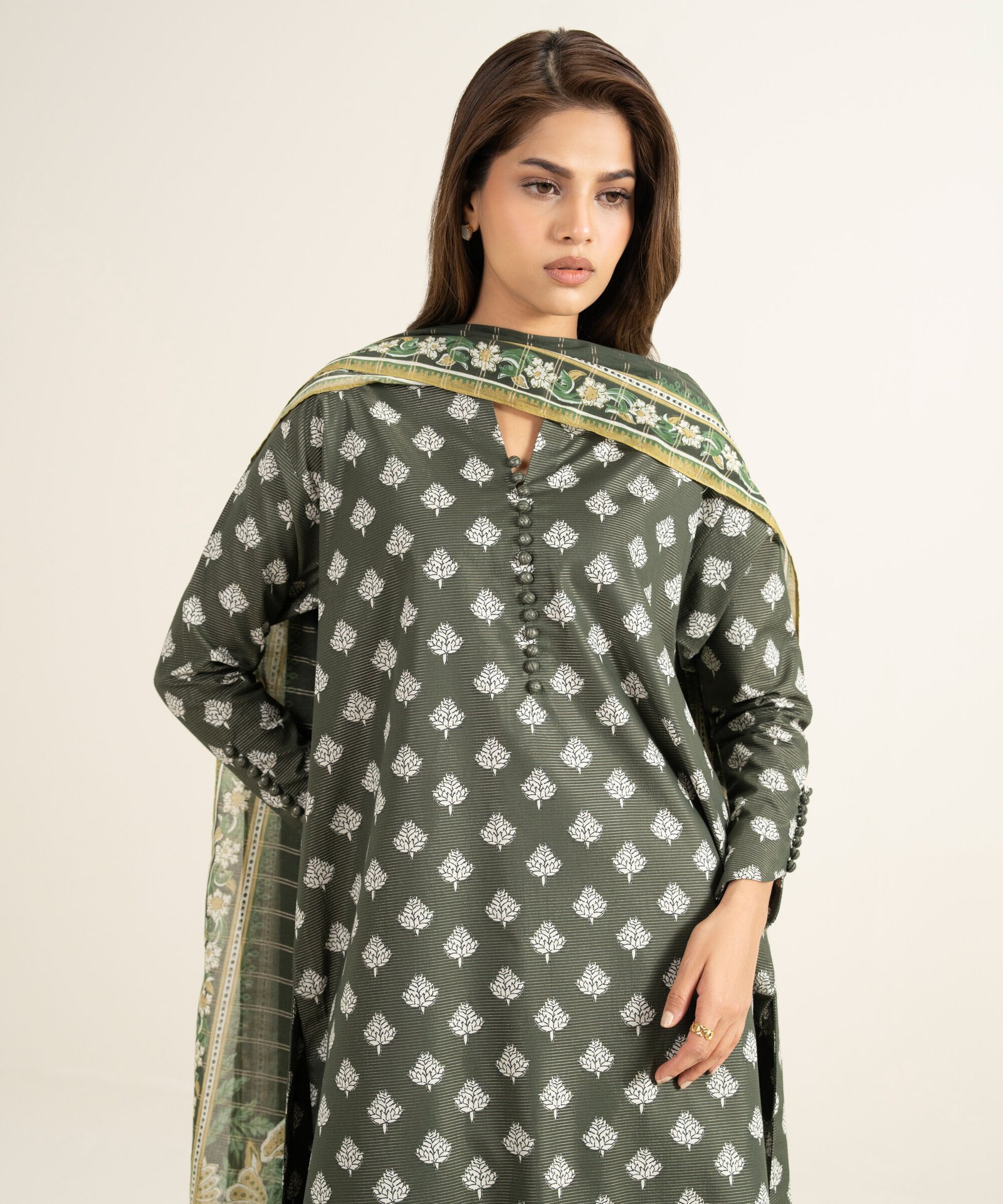 3PDYS26V1133_1 Lawn Printed Brown 3 Piece Suit - Image 1