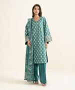 Zari Lawn Printed Green 3 Piece Suit