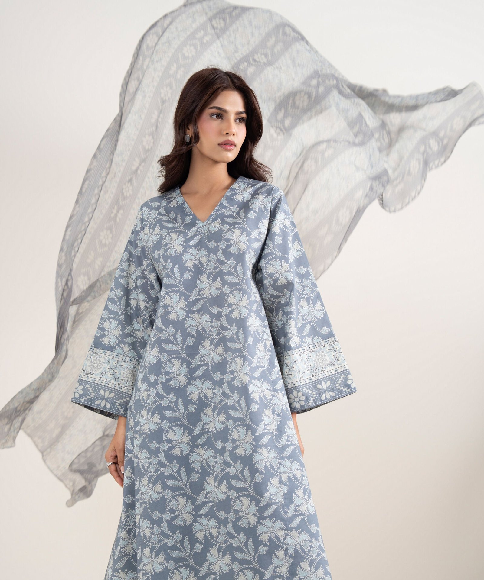 3PDYS26V23AT_1 Lawn Grey Printed 3 Piece Suit - Image 1