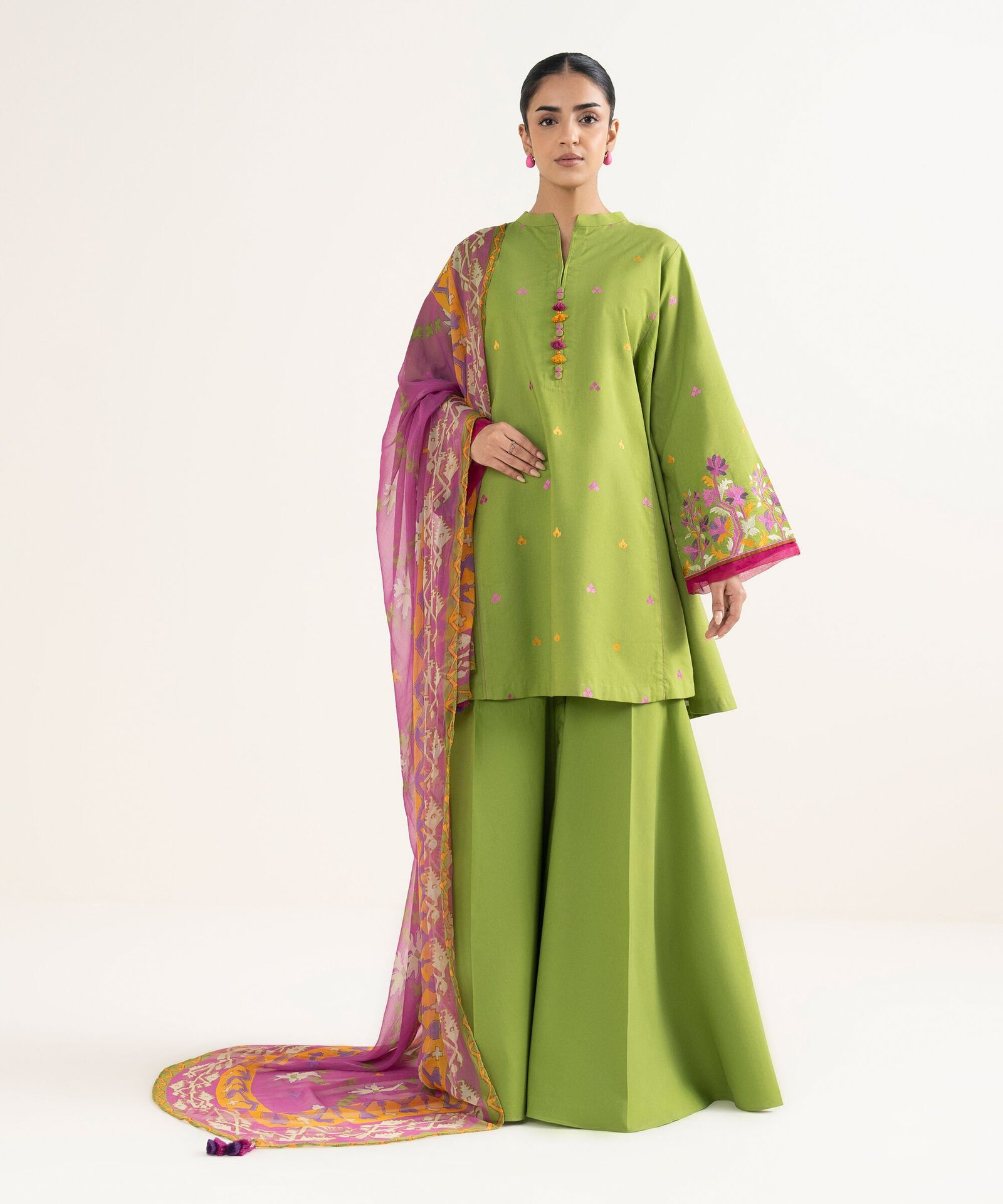 3PEDYS26V058_1 Cotton Viscose Embroidered Green 3 Piece Suit - Image 1