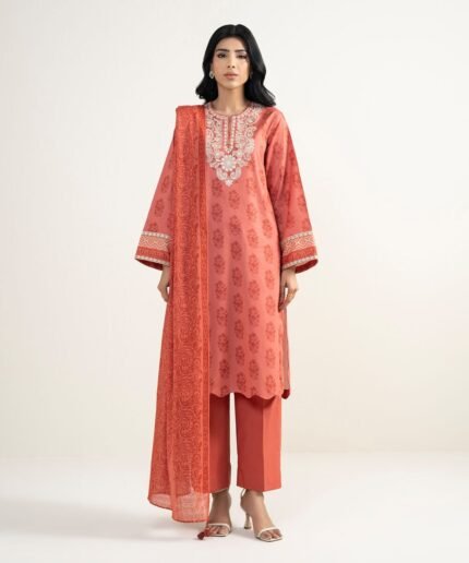 Lawn Embroidered Red 3 Piece Suit