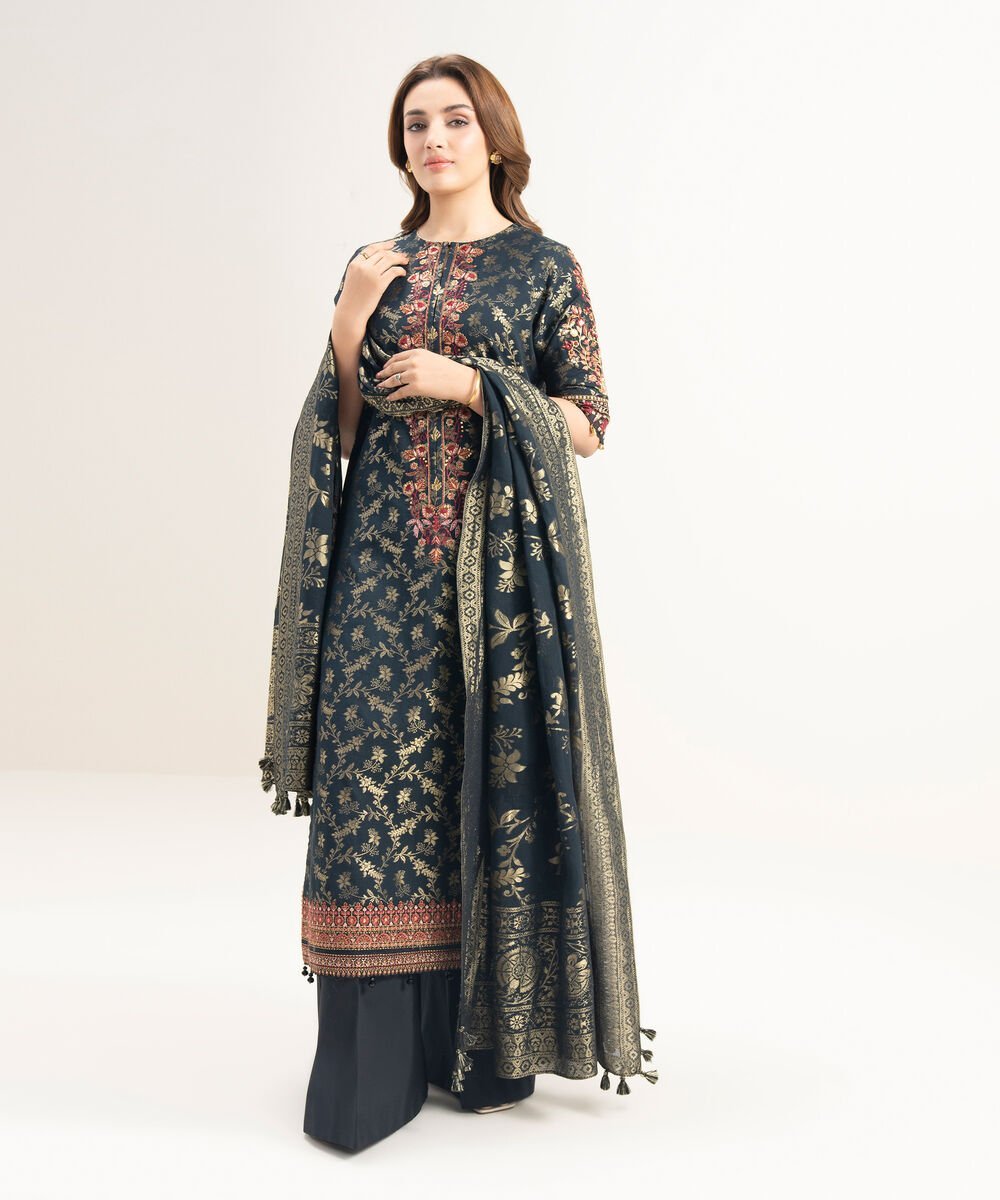 3PEJQS26V16B_2-1.jpg Extra Weft Jacquard Embroidered Black 3 Piece Suit - Image 1