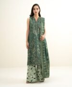 Extra Weft Jacquard Embroidered Green 3 Piece Suit - Image 2