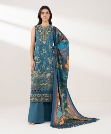 Cotton Embroidered Blue 3 Piece Suit