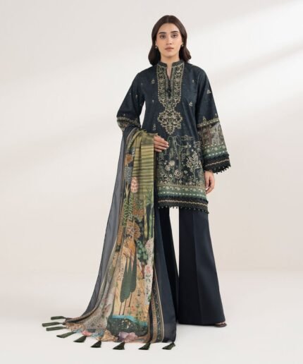 Cotton Embroidered Black 3 Piece Suit