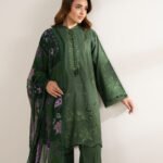 Cotton Embroidered Green 3 Piece Suit