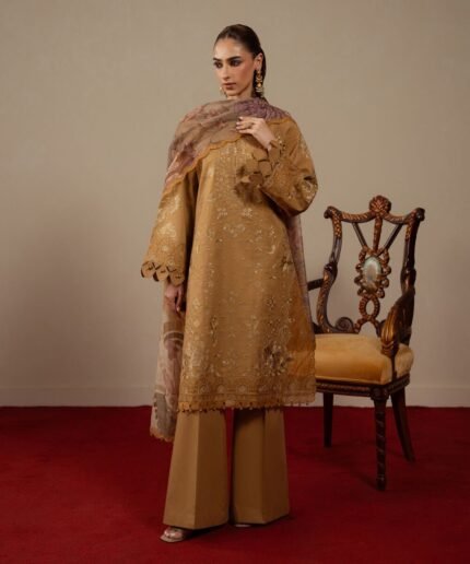 Textured Lawn Brown Embroidered 3 Piece Suit