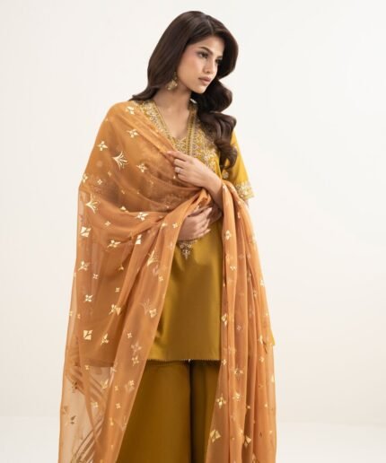 Zari Lawn Embroidered Yellow 3 Piece Suit