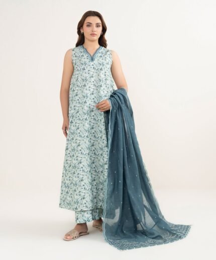 Zari Lawn Embroidered Blue 3 Piece Suit