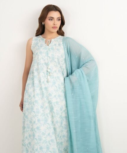 Zari Lawn Embroidered Blue 3 Piece Suit