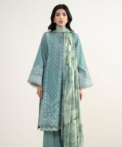 Cotton Jacquard Embroidered Green 3 Piece Suit