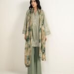 Cotton Jacquard Embroidered Green 3 Piece Suit