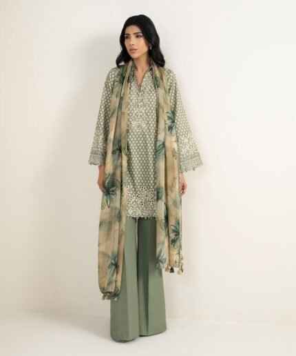 Cotton Jacquard Embroidered Green 3 Piece Suit
