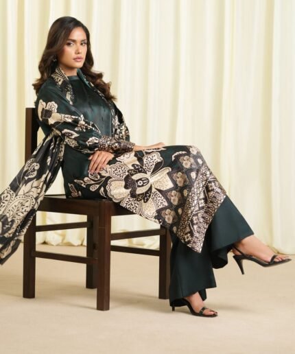 Blended Satin Printed Green 3 Piece Suit