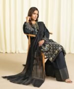 Cotton Jacquard Embroidered Black 3 Piece Suit